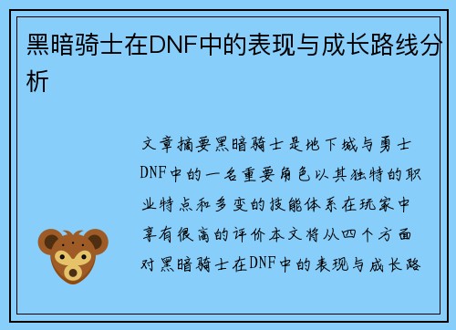 黑暗骑士在DNF中的表现与成长路线分析